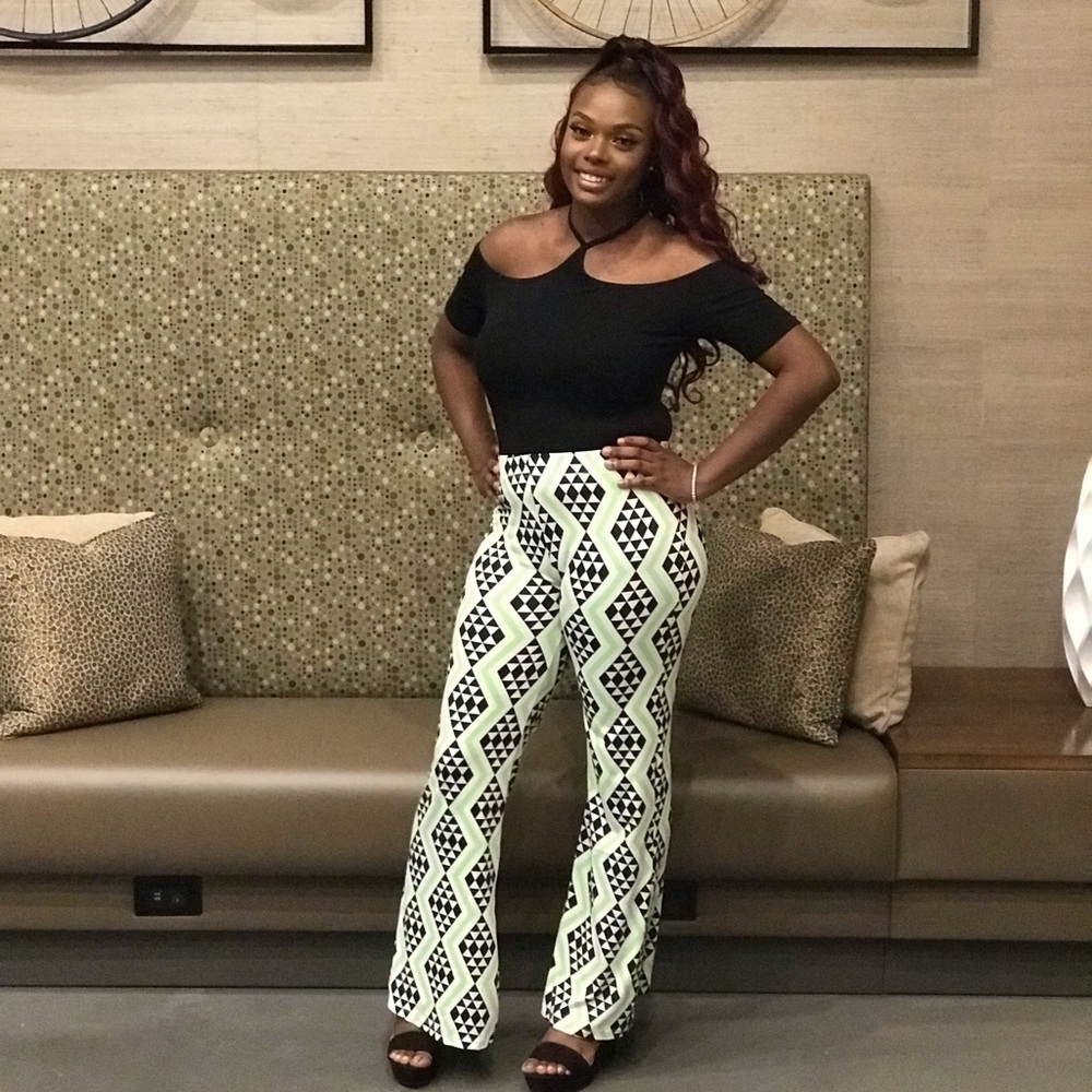 Lime Green Flare Pants off the shoulders top.